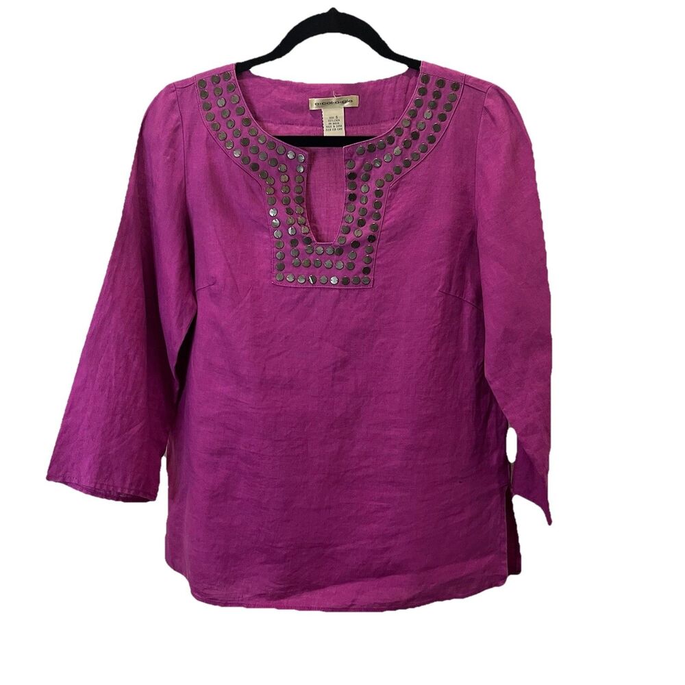 Ecologie Pink Purple Beaded V Neck 3/4 Sleeve 100% Linen Top Womens Size S